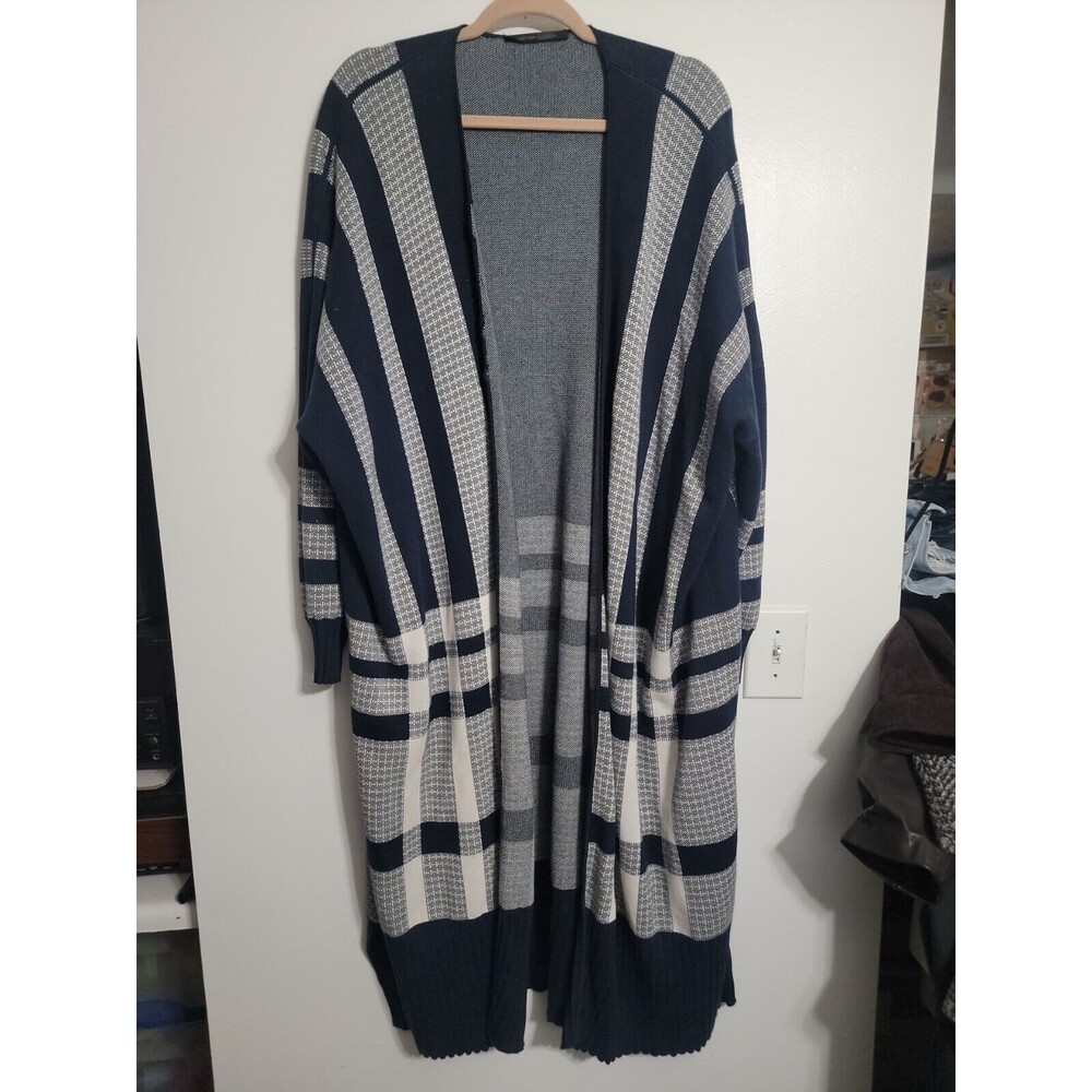 Mother Of Pearl Plaid Blue White  Duster Long Knit Cardigan 2XL